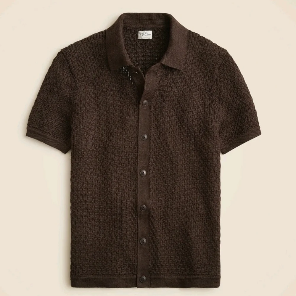 J Crew Short-sleeve linen texture-stitch cardigan sweater-polo Size M Brown NWT